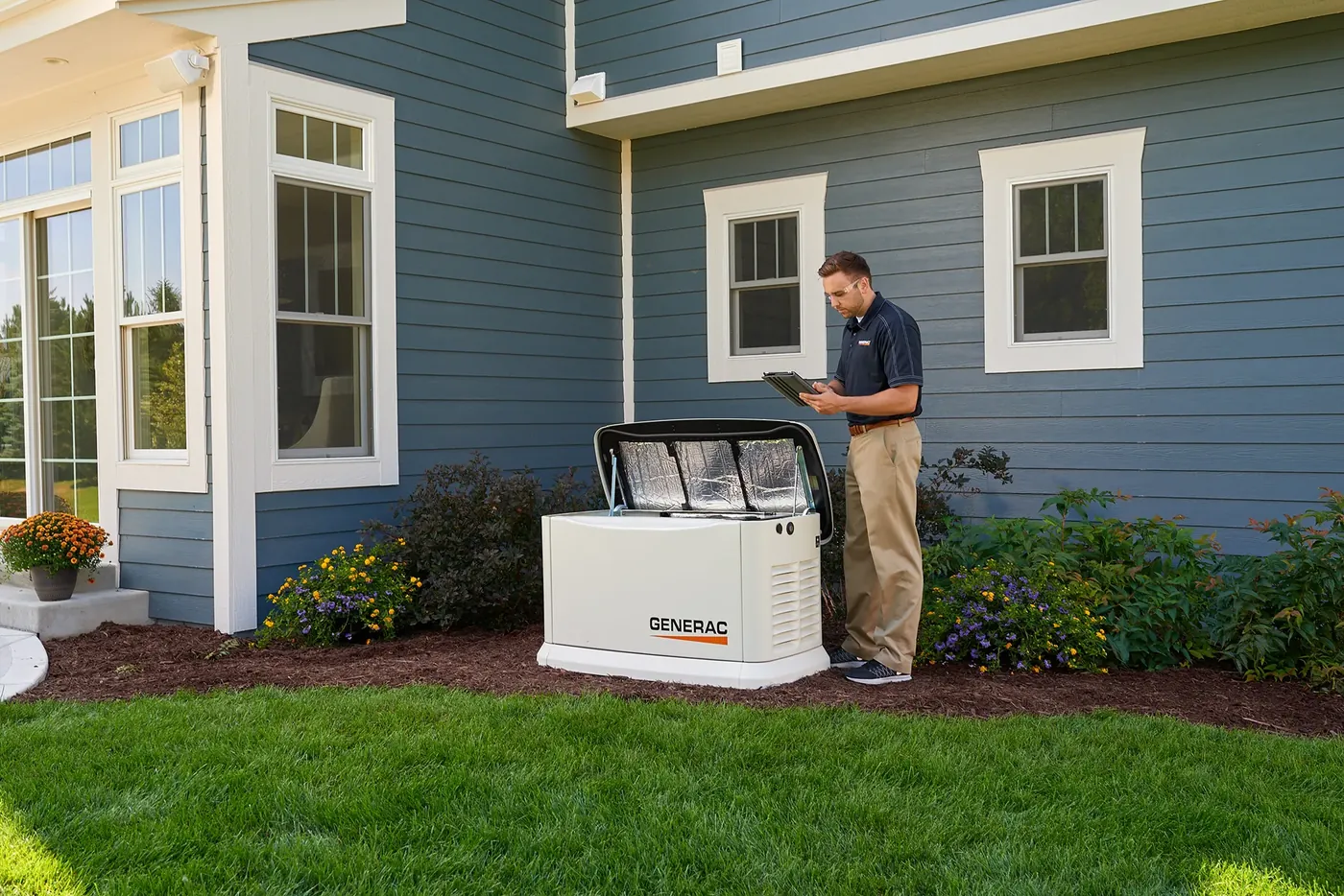 Generac technician inspecting a home standby generator